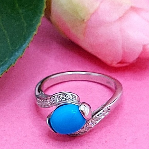 Natural Oval Blue Turquoise 8x6mm & Cz 925 Sterling Silver Ring 6 - Picture 11 of 11